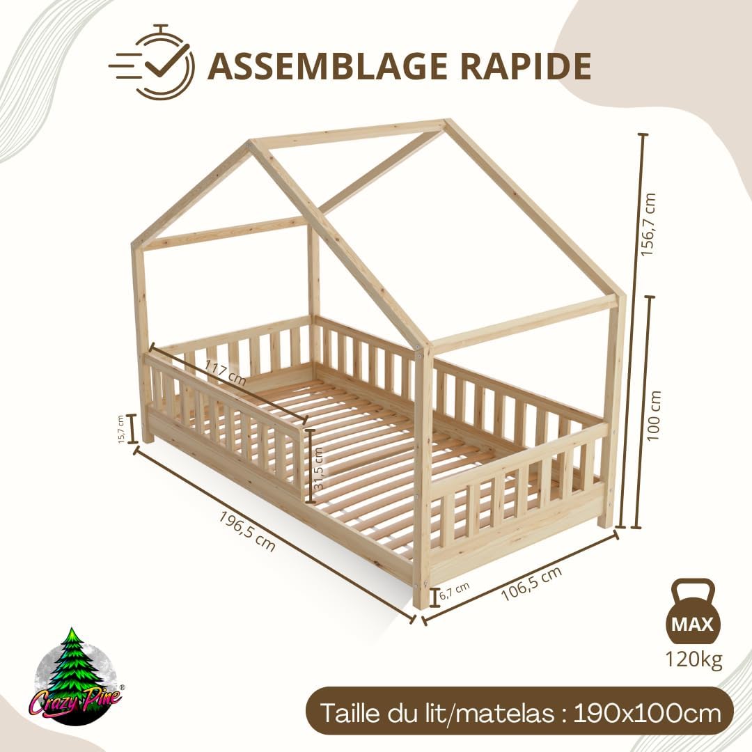 2026 Lit cabane Crazy Pine Crazy House avec tiroirs 190 x 90 cm – Lit enfant en bois naturel avec barrière – Lit Montessori au sol avec rangement supplémentaire et barrière amovible
