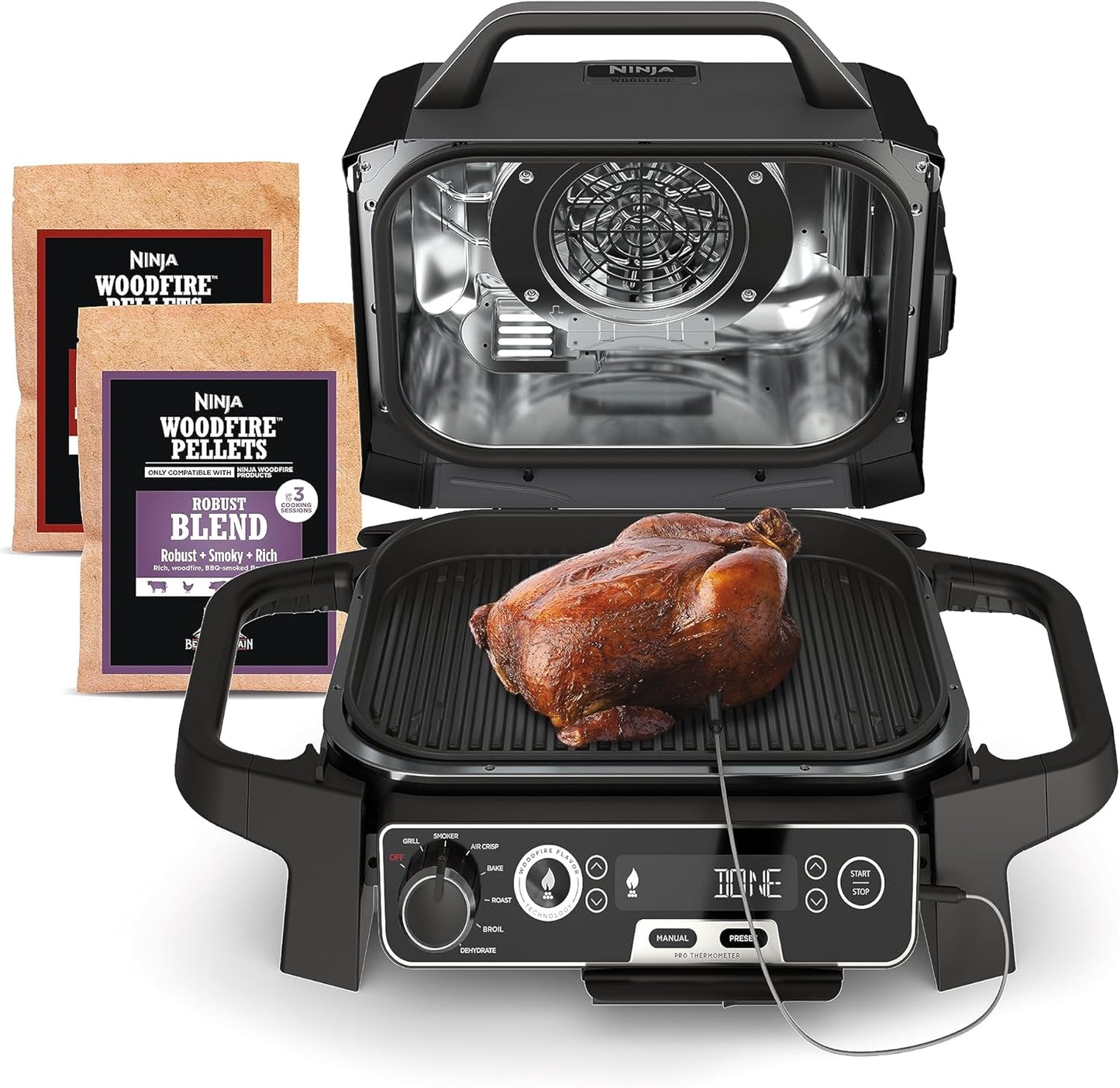 2026 Ninja Woodfire Pro Gril et fumoir 7 en 1 avec thermomètre, friteuse à air, barbecue, pâtisserie, grillades, grillades, barbecue électrique portable pour extérieur, gris