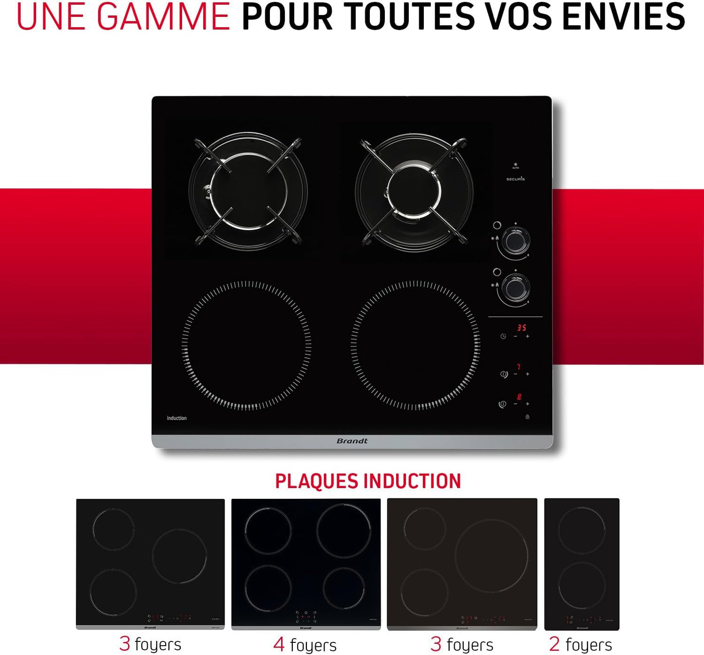 2026 2025 Brandt BPI6413BM – Table de Cuisson Mixte Induction & Gaz, 4 Foyers, 9 Niveaux, Édition Limitée