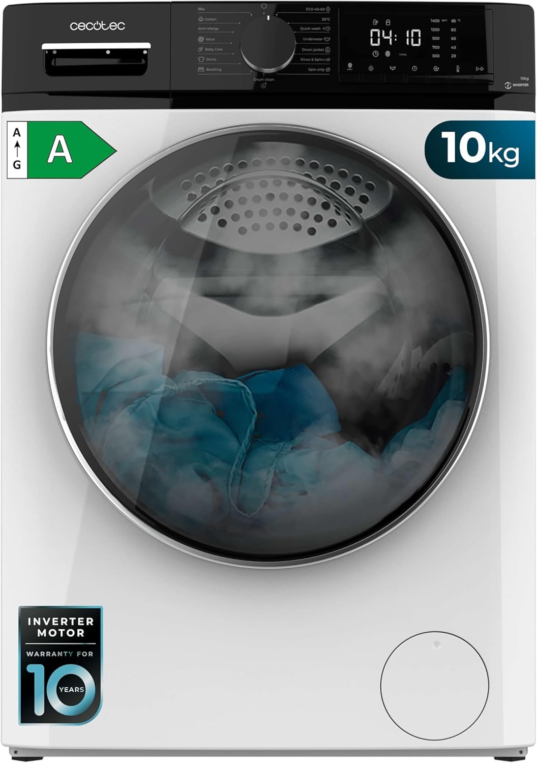 2026 Cecotec Lave-linge 10Kg Bolero DressCode 10610 Inverter Steel A. Chargement Frontale, 1400 RPM, Steam Max, Motor Inverter Plus, 15 Programmes, OnSmart, Stop&Go, Caoutchouc Antibactérien, Drum Clean