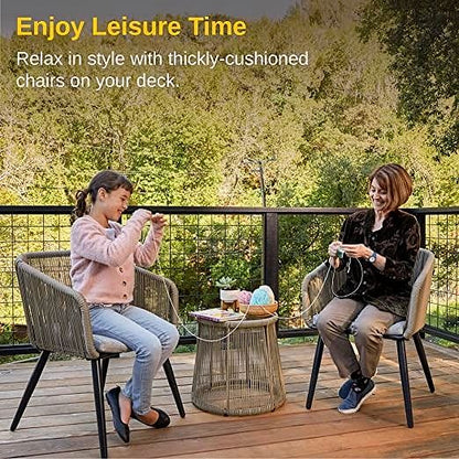 2026 Salon de jardin 3 pièces – Ensemble bistrot en rotin tressé à la main avec coussins imperméables, table avec plateau en verre trempé, mobilier d’extérieur pour terrasse et balcon, marron & gris clair