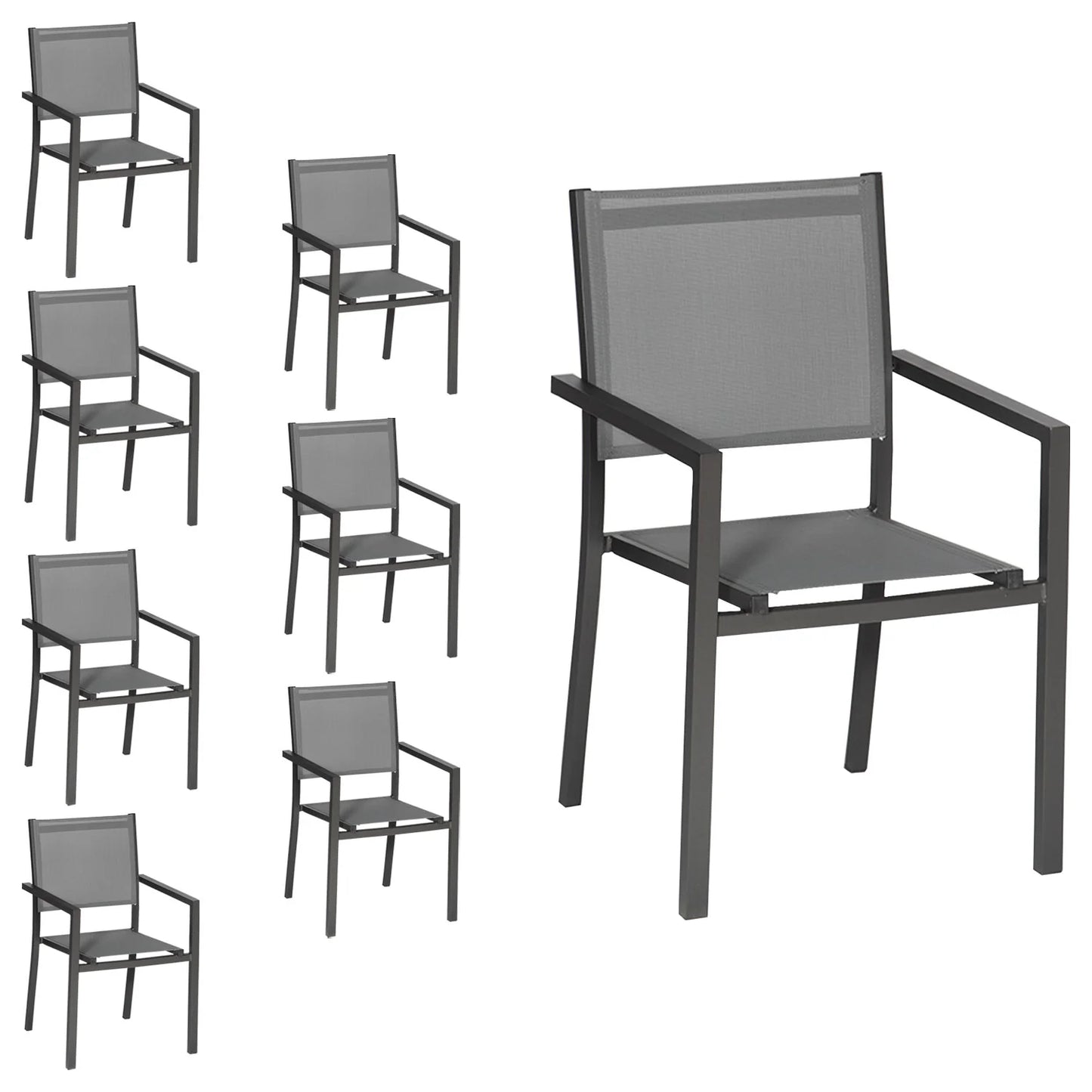 2026 Lot de 8 chaises en aluminium anthracite - textilène gris Happy Garden