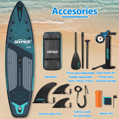 2026 Planche de stand up paddle gonflable haut de gamme ALLPICK 2025 320 x 81 x 15 cm – Ensemble complet avec pagaie réglable, sac à dos, caméra de sport et siège kayak – SUP stable et durable jusqu'à 180 kg, pour débutants et experts