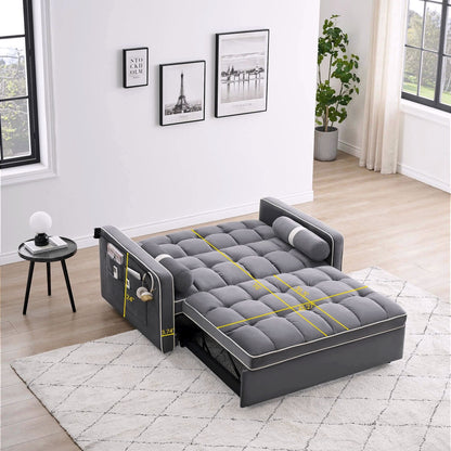 2026 Canapé-lit convertible 3-en-1, petit canapé en velours avec lit escamotable, dossier réglable, coussins cylindriques, poches multiples et porte-téléphone – Gris, 55,5"