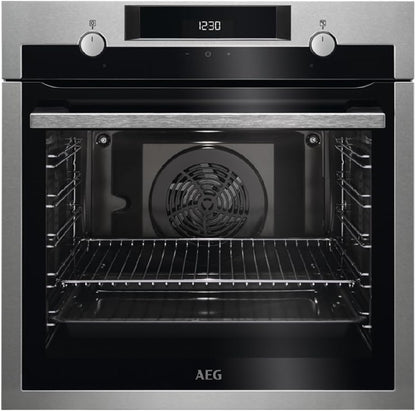 2026 AEG BEE435111M Four électrique multifonction, intégrable, nettoyage AquaClean, 9 fonctions, cuisson multi-niveaux, écran LCD tactile, ventilateur XXL, capacité 72 L, inox, classe A+