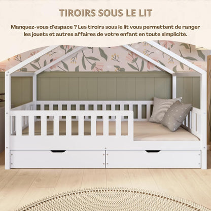 2026 Lit cabane Crazy Pine Crazy House avec tiroirs 190 x 90 cm &ndash; Lit enfant en bois naturel avec barri&egrave;re &ndash; Lit Montessori au sol avec rangement suppl&eacute;mentaire et barri&egrave;re amovible