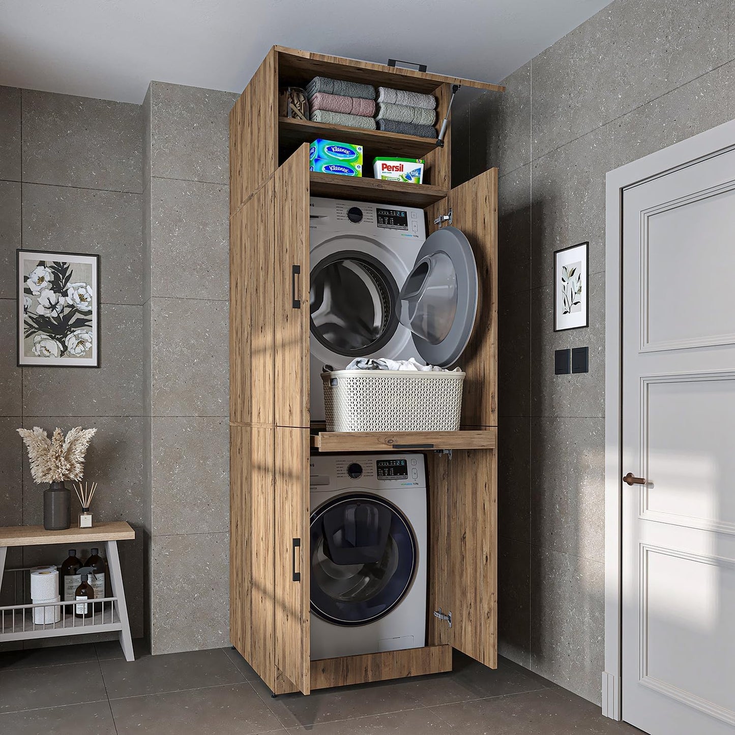 2026 ROOMART Dora Armoire de machine à laver, pour sèche-linge et machine à laver, en 4 couleurs, avec portes et planche coulissante (chêne anthracite)