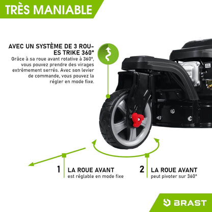 2026 BRAST tondeuse thermique 3 roues TRIKE E-START 224cc 53cm tractée démarrage électrique mulching 4en1 capot en tôle en acier 60l - moteur 4 temps de la marque française GT reglable