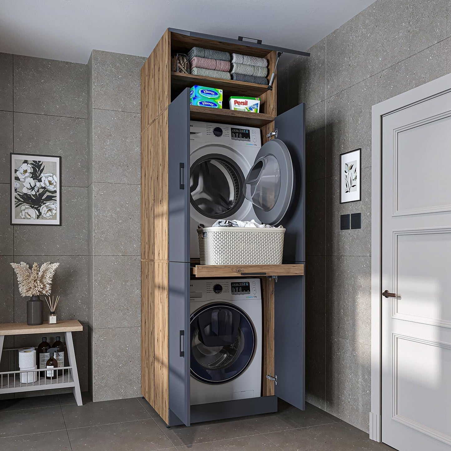 2026 ROOMART Dora Armoire de machine à laver, pour sèche-linge et machine à laver, en 4 couleurs, avec portes et planche coulissante (chêne anthracite)