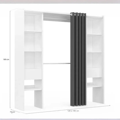 2026 Dressing Extensible Blanc & Gris avec Rideau - tagres - Double Penderie -