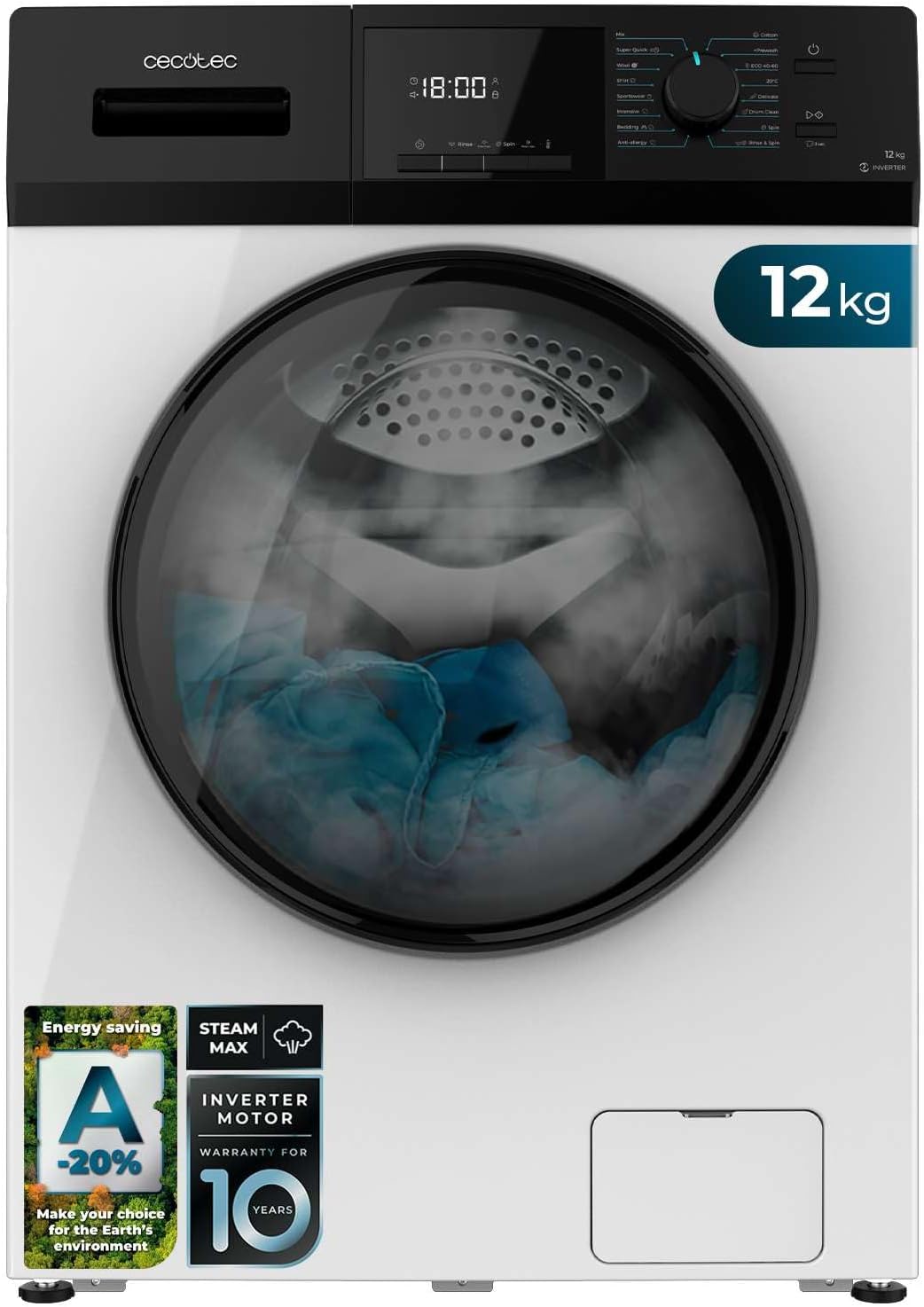2026 Cecotec Lave-Linge 9Kg Chargement Frontal Bolero Dresscode 9410 Inverter A. 1900W, 1400 tr/min Réglable, 16 Programmes, Faible Consommation d'Énergie, Vapeur, Stérilisation du Linge