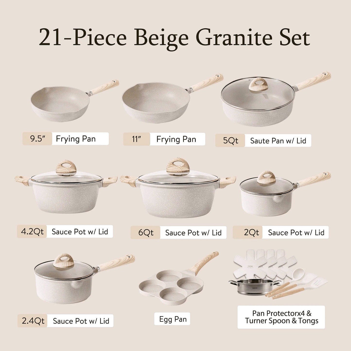 2026 CAROTE Ensemble de casseroles et poêles antiadhésives, Batterie de cuisine induction 21 pièces (Granit beige)