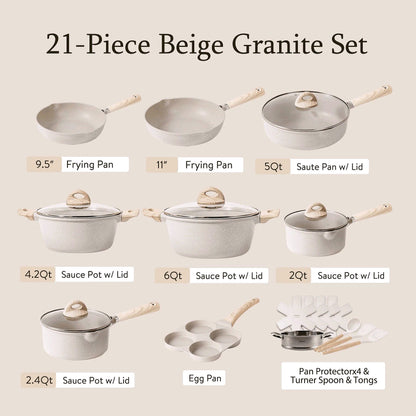 2026 CAROTE Ensemble de casseroles et poêles antiadhésives, Batterie de cuisine induction 21 pièces (Granit beige)