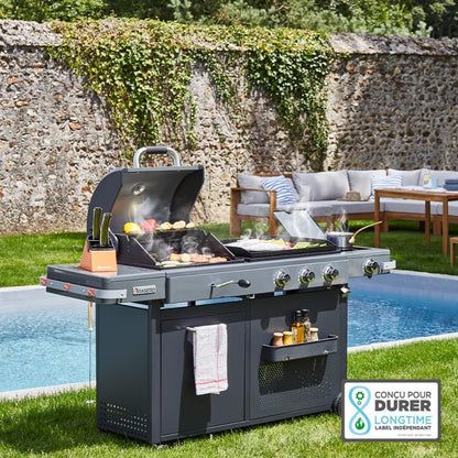 2026 Barbecue Bi-Energy Gun Metal XL - Barbecue Charbon et Plancha 60 x 42 cm à gaz avec brûleur latéral -12,95 KW