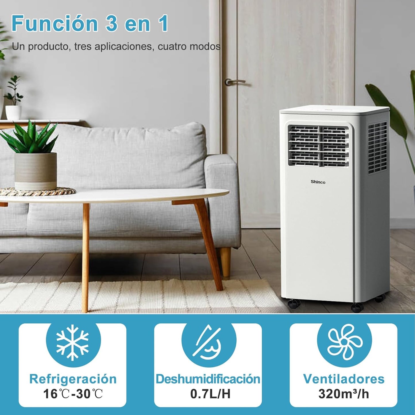 2026 SHINCO Climatiseur mobile, 7000 BTU 2,05kW, Refroidir&Ventilation&Déshumidification, taille de la pièce jusqu'à 54m³(18㎡), Climatiseur mobile avec tuyau d'évacuation et tuyau de vidange, mode sommeil