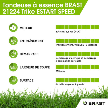 2026 BRAST tondeuse thermique 3 roues TRIKE E-START 224cc 53cm tractée démarrage électrique mulching 4en1 capot en tôle en acier 60l - moteur 4 temps de la marque française GT reglable