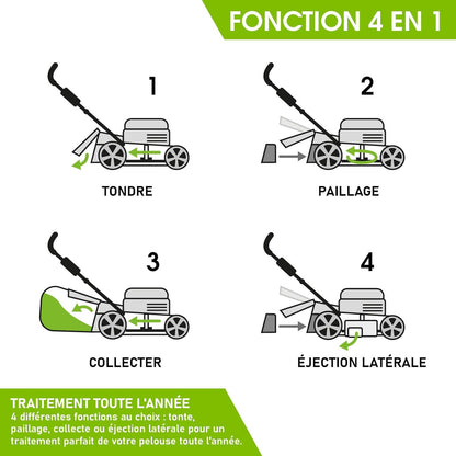 2026 BRAST tondeuse thermique 3 roues TRIKE E-START 224cc 53cm tractée démarrage électrique mulching 4en1 capot en tôle en acier 60l - moteur 4 temps de la marque française GT reglable