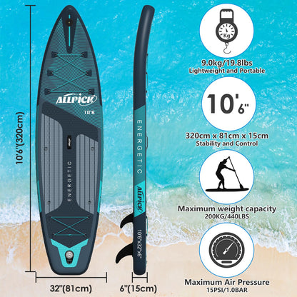 2026 Planche de stand up paddle gonflable haut de gamme ALLPICK 2025 320 x 81 x 15 cm – Ensemble complet avec pagaie réglable, sac à dos, caméra de sport et siège kayak – SUP stable et durable jusqu'à 180 kg, pour débutants et experts