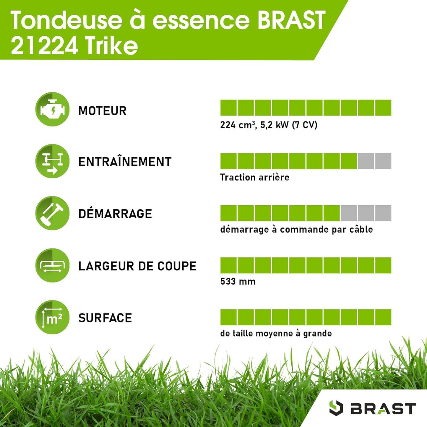 2026 BRAST tondeuse thermique 3 roues TRIKE E-START 224cc 53cm tractée démarrage électrique mulching 4en1 capot en tôle en acier 60l - moteur 4 temps de la marque française GT reglable