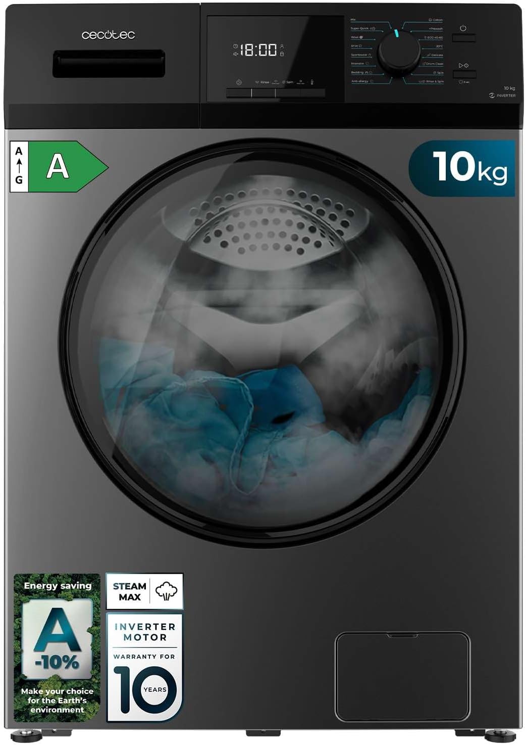 2026 Cecotec Lave-Linge 9Kg Chargement Frontal Bolero Dresscode 9410 Inverter A. 1900W, 1400 tr/min Réglable, 16 Programmes, Faible Consommation d'Énergie, Vapeur, Stérilisation du Linge