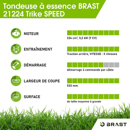2026 BRAST tondeuse thermique 3 roues TRIKE E-START 224cc 53cm tractée démarrage électrique mulching 4en1 capot en tôle en acier 60l - moteur 4 temps de la marque française GT reglable