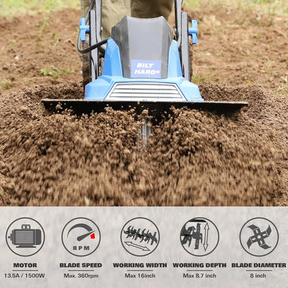 2026 Motoculteur électrique BILT HARD 16 pouces, 13,5 A, 6 dents en acier, avec roues réglables