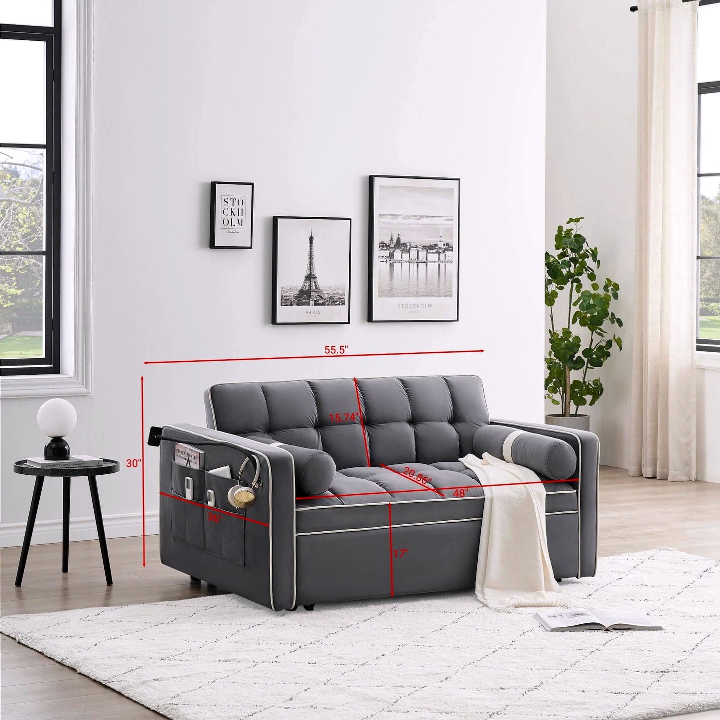 2026 Canapé-lit convertible 3-en-1, petit canapé en velours avec lit escamotable, dossier réglable, coussins cylindriques, poches multiples et porte-téléphone – Gris, 55,5"