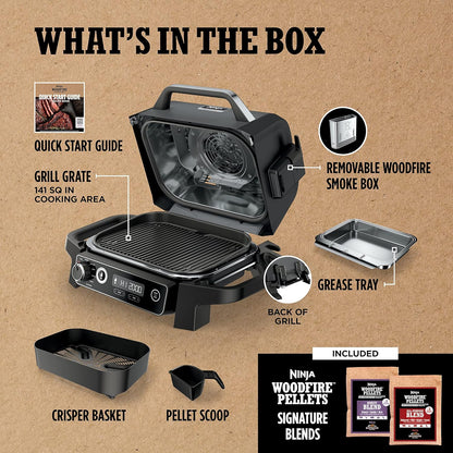 2026 Ninja Woodfire Pro Gril et fumoir 7 en 1 avec thermomètre, friteuse à air, barbecue, pâtisserie, grillades, grillades, barbecue électrique portable pour extérieur, gris