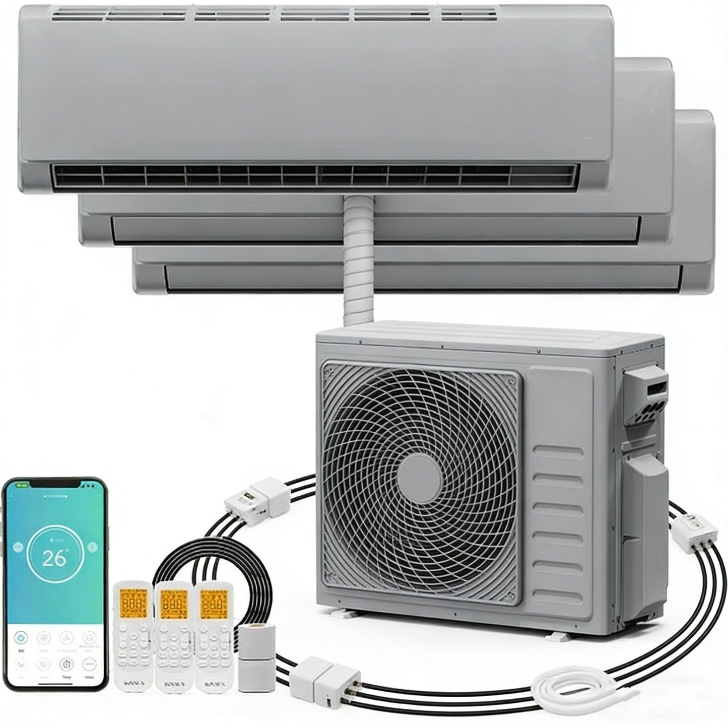 2026 3 Zone 9,000 + 9,000 + 12,000 / 28,000 BTU Wifi Mini Split Air Conditioner Ductless 20 SEER2 230V with Heat Pump & 25Ft Install Kit