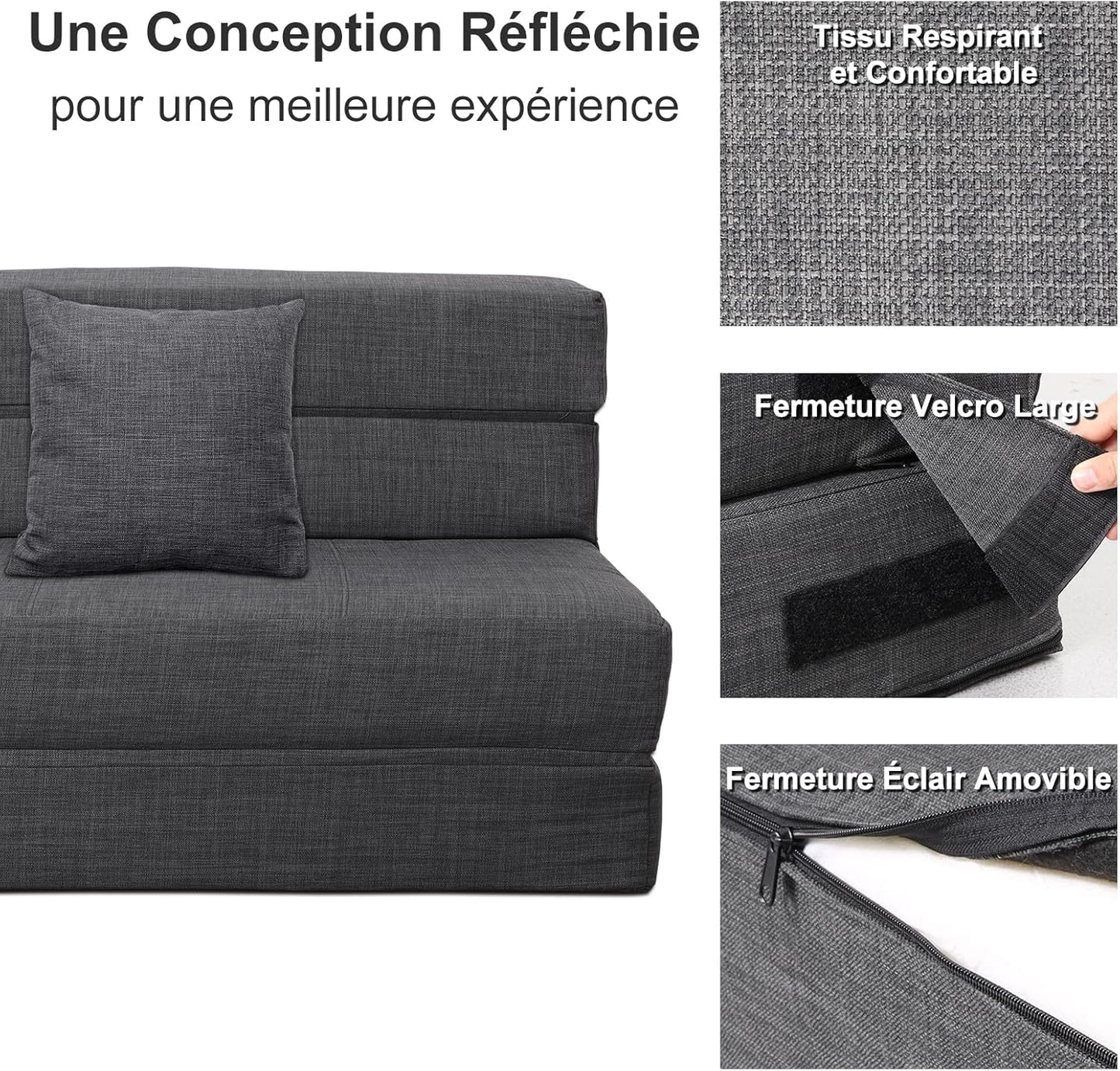 2026 ANONER Canapé Convertible 2 Places 150cm de Large, Pliable en Mousse à Mémoire de Forme & 2 Oreillers, Lit Pliant de Sol pour Chambre Salon, Gris Foncé