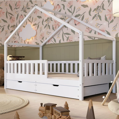 2026 Lit cabane Crazy Pine Crazy House avec tiroirs 190 x 90 cm &ndash; Lit enfant en bois naturel avec barri&egrave;re &ndash; Lit Montessori au sol avec rangement suppl&eacute;mentaire et barri&egrave;re amovible