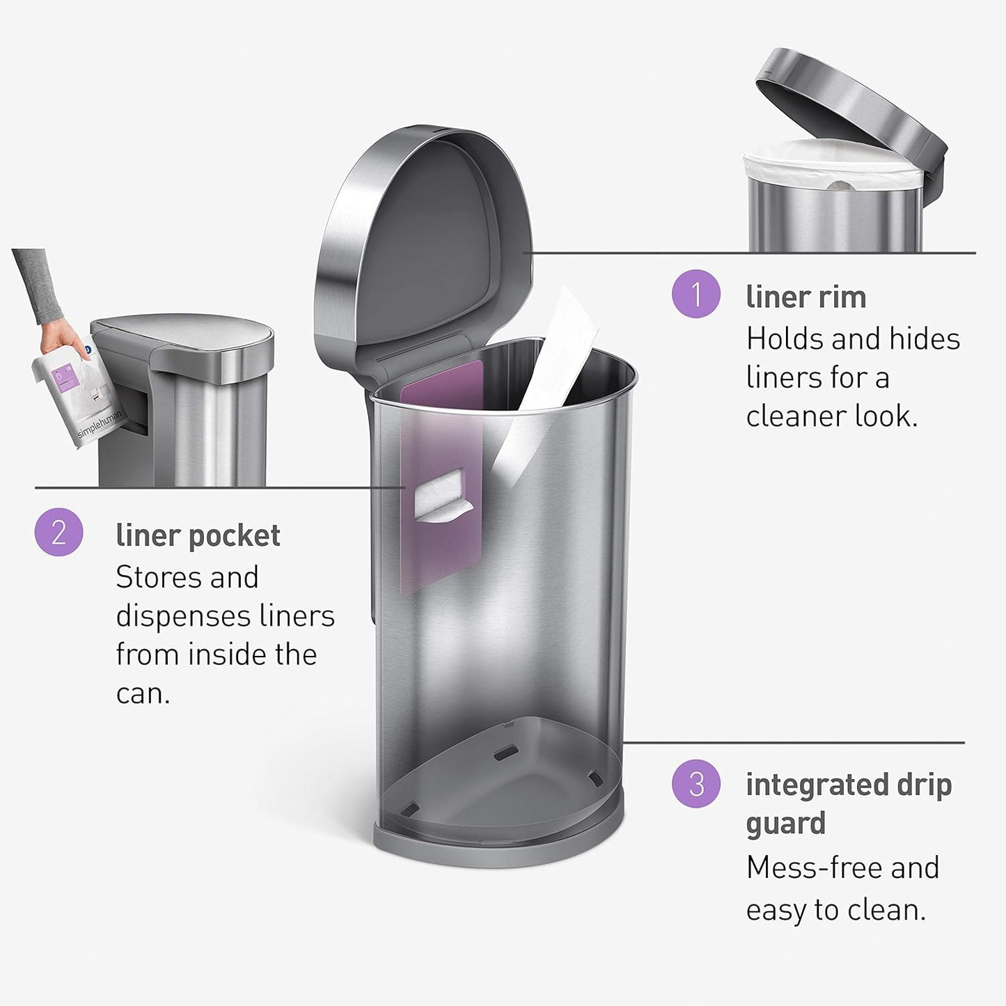 2026 2025 Simplehuman Poubelle de Cuisine Semi-Ronde à Ouverture au Pied 60 Litres avec Couvercle à Fermeture Douce, Acier Inoxydable Brossé