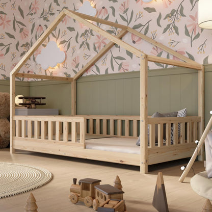 2026 Lit cabane Crazy Pine Crazy House avec tiroirs 190 x 90 cm &ndash; Lit enfant en bois naturel avec barri&egrave;re &ndash; Lit Montessori au sol avec rangement suppl&eacute;mentaire et barri&egrave;re amovible