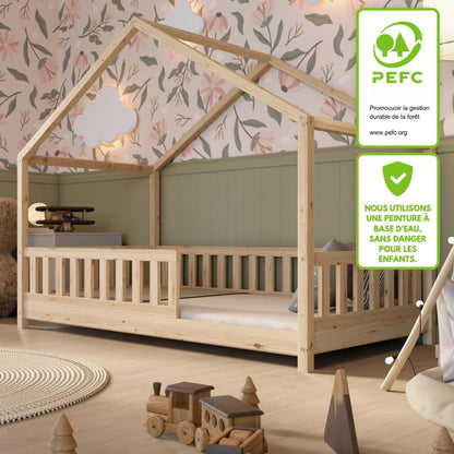 2026 Lit cabane Crazy Pine Crazy House avec tiroirs 190 x 90 cm &ndash; Lit enfant en bois naturel avec barri&egrave;re &ndash; Lit Montessori au sol avec rangement suppl&eacute;mentaire et barri&egrave;re amovible
