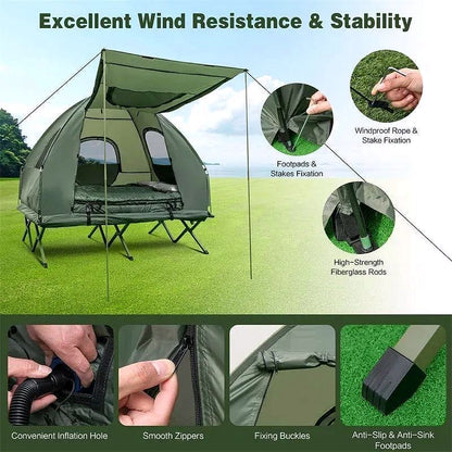 2026 Lit de Camping avec Tente 5-en-1 pour 2 Personnes – Combo Tente Outdoor Portable avec Matelas Gonflable, Sacs de Couchage & Pare-Soleil