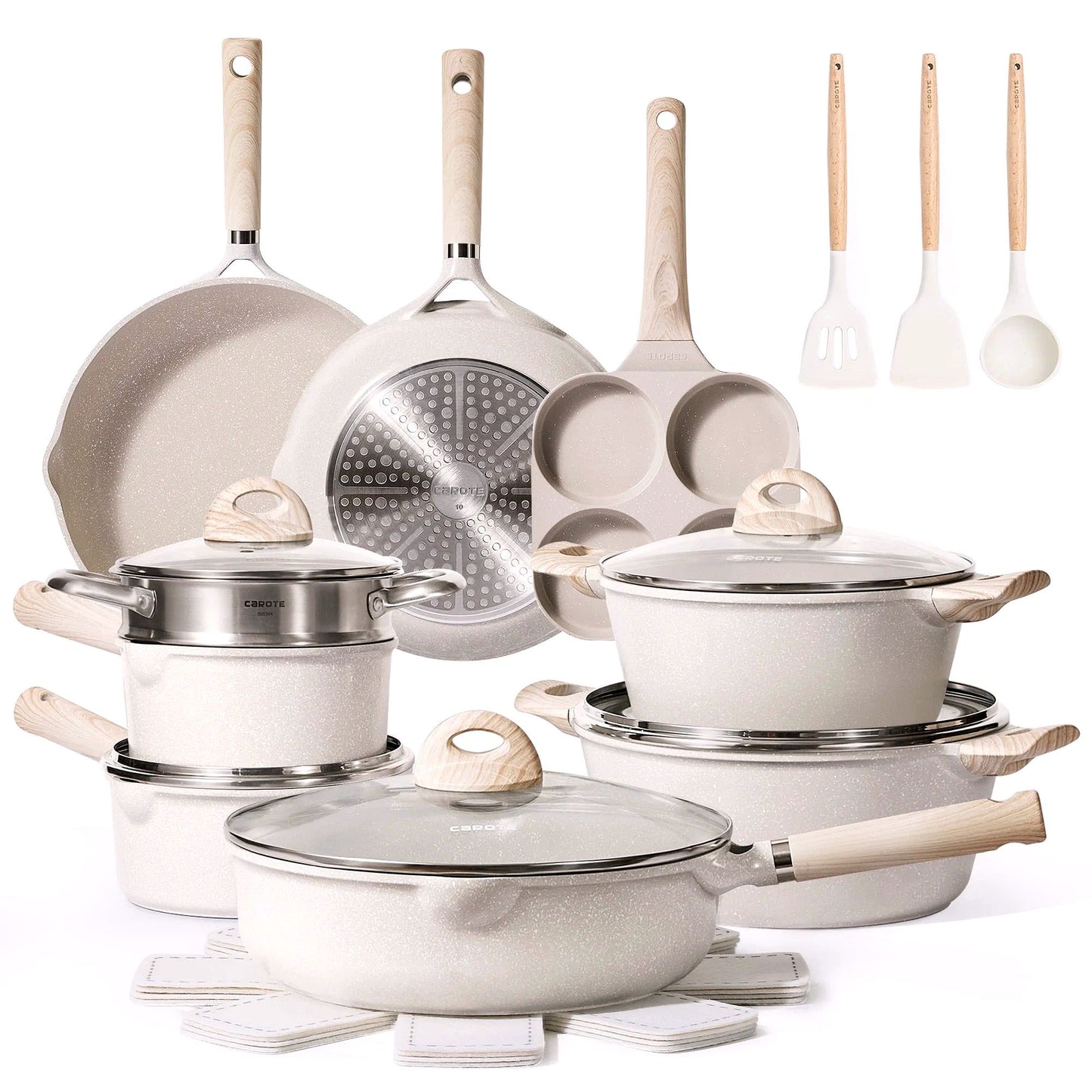 2026 CAROTE Ensemble de casseroles et poêles antiadhésives, Batterie de cuisine induction 21 pièces (Granit beige)