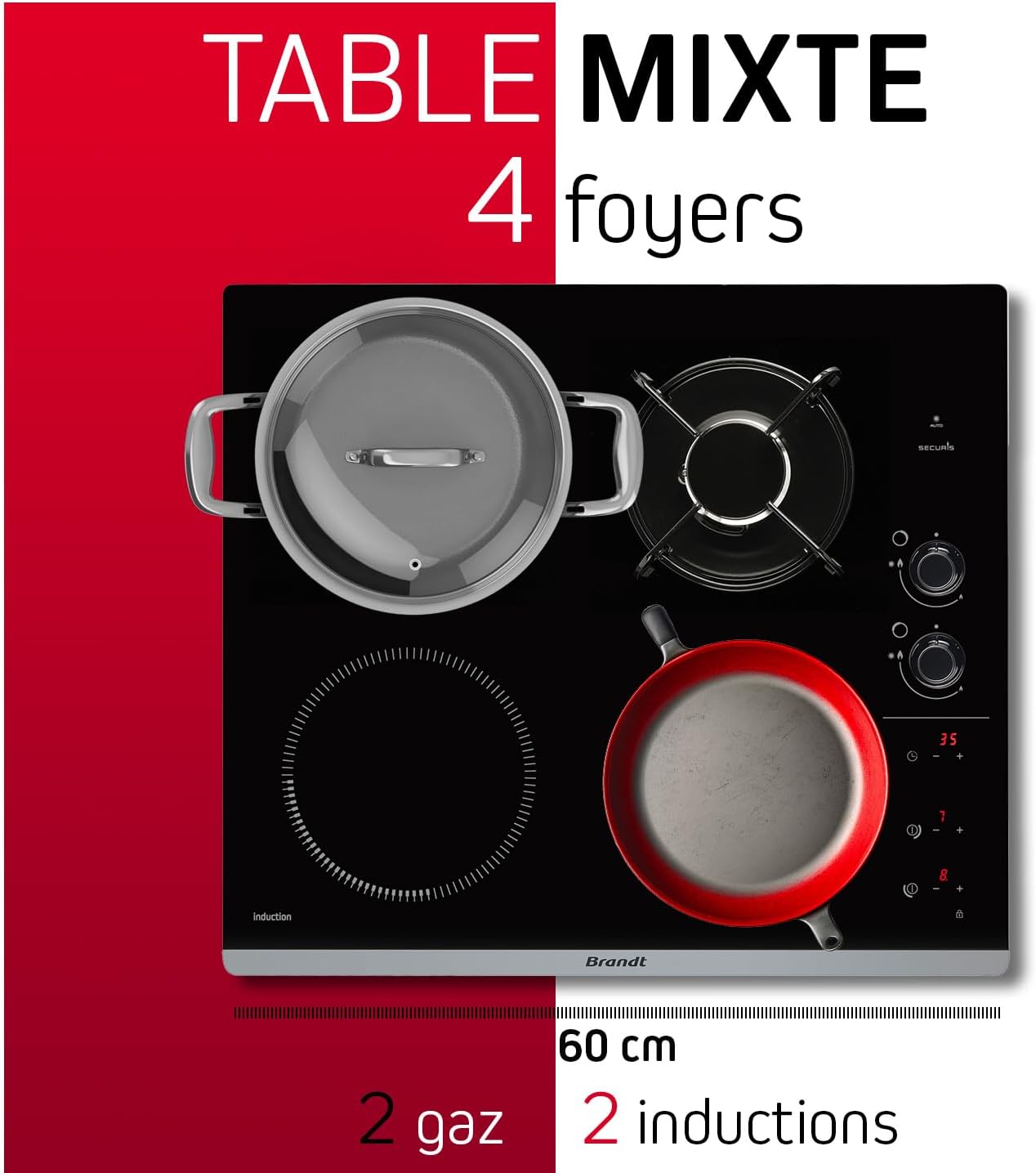 2026 2025 Brandt BPI6413BM – Table de Cuisson Mixte Induction & Gaz, 4 Foyers, 9 Niveaux, Édition Limitée