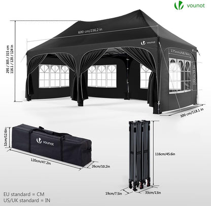2026 Tonnelle de Jardin Extérieur 3x6m Barnum Pliant avec 6 Parois Amovibles et 6 Sacs de Sable Tente de Reception Imperméable et Anti-UV pour Camping Festival Mariage Sac de Transport Inclus Noir