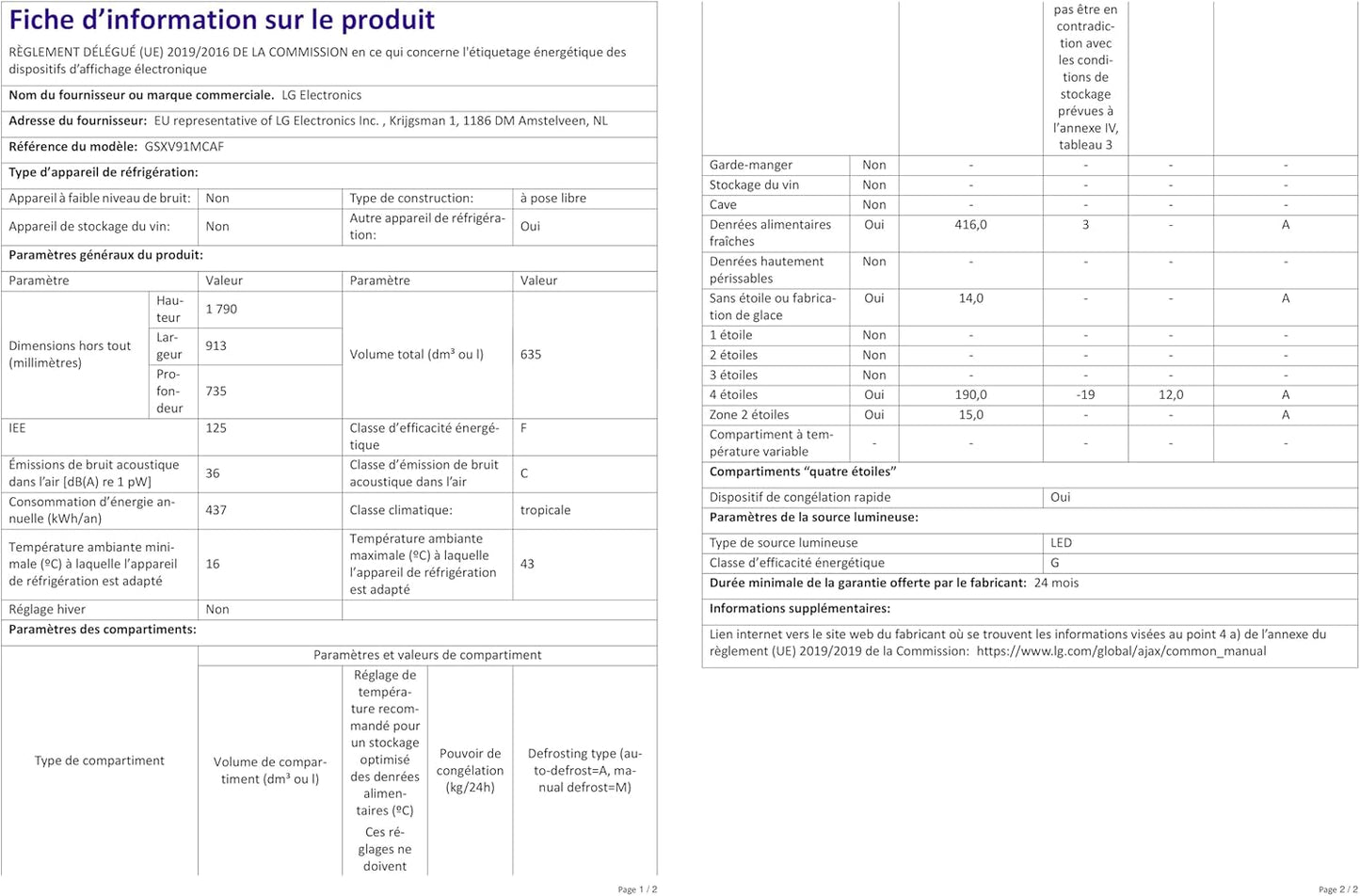 2026 LG GSXV91MCAF Réfrigérateur combiné - Side by Side, 635L, InstaView, Total No-Frost, Compartiment congélation, Distributeur d'eau et glace UVnano, Compresseur Inverter Linear, Wi-Fi, Noir, Classe F