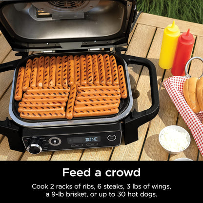 2026 Ninja Woodfire Pro Gril et fumoir 7 en 1 avec thermomètre, friteuse à air, barbecue, pâtisserie, grillades, grillades, barbecue électrique portable pour extérieur, gris
