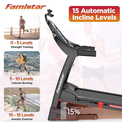 2026 Tapis de course pliable Famistar pour la maison avec inclinaison automatique à 15 niveaux, capacité de 300 lbs, vitesse allant jusqu'à 10 MPH