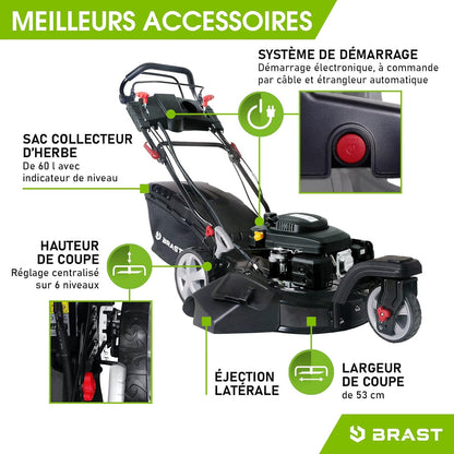 2026 BRAST tondeuse thermique 3 roues TRIKE E-START 224cc 53cm tractée démarrage électrique mulching 4en1 capot en tôle en acier 60l - moteur 4 temps de la marque française GT reglable