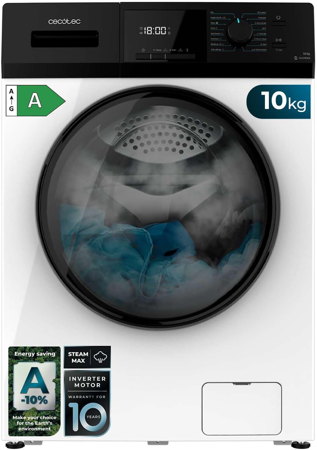 2026 Cecotec Lave-Linge 9Kg Chargement Frontal Bolero Dresscode 9410 Inverter A. 1900W, 1400 tr/min Réglable, 16 Programmes, Faible Consommation d'Énergie, Vapeur, Stérilisation du Linge