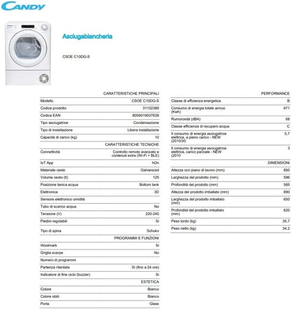 2026 CANDY Sèche linge Condensation CSOEC10DG-S