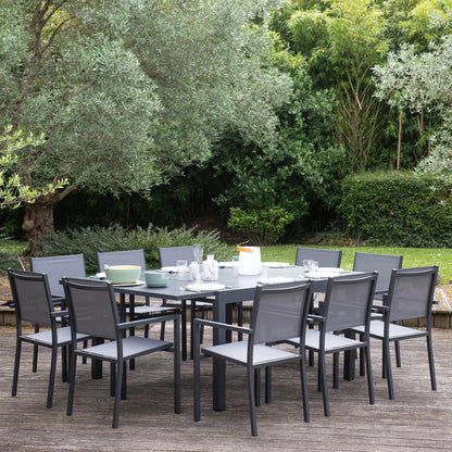 2026 Salon de jardin extensible 10 places de 140/200cm en textilène gris - aluminium anthracite VENEZIA Happy Garden