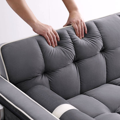 2026 Canapé-lit convertible 3-en-1, petit canapé en velours avec lit escamotable, dossier réglable, coussins cylindriques, poches multiples et porte-téléphone – Gris, 55,5"