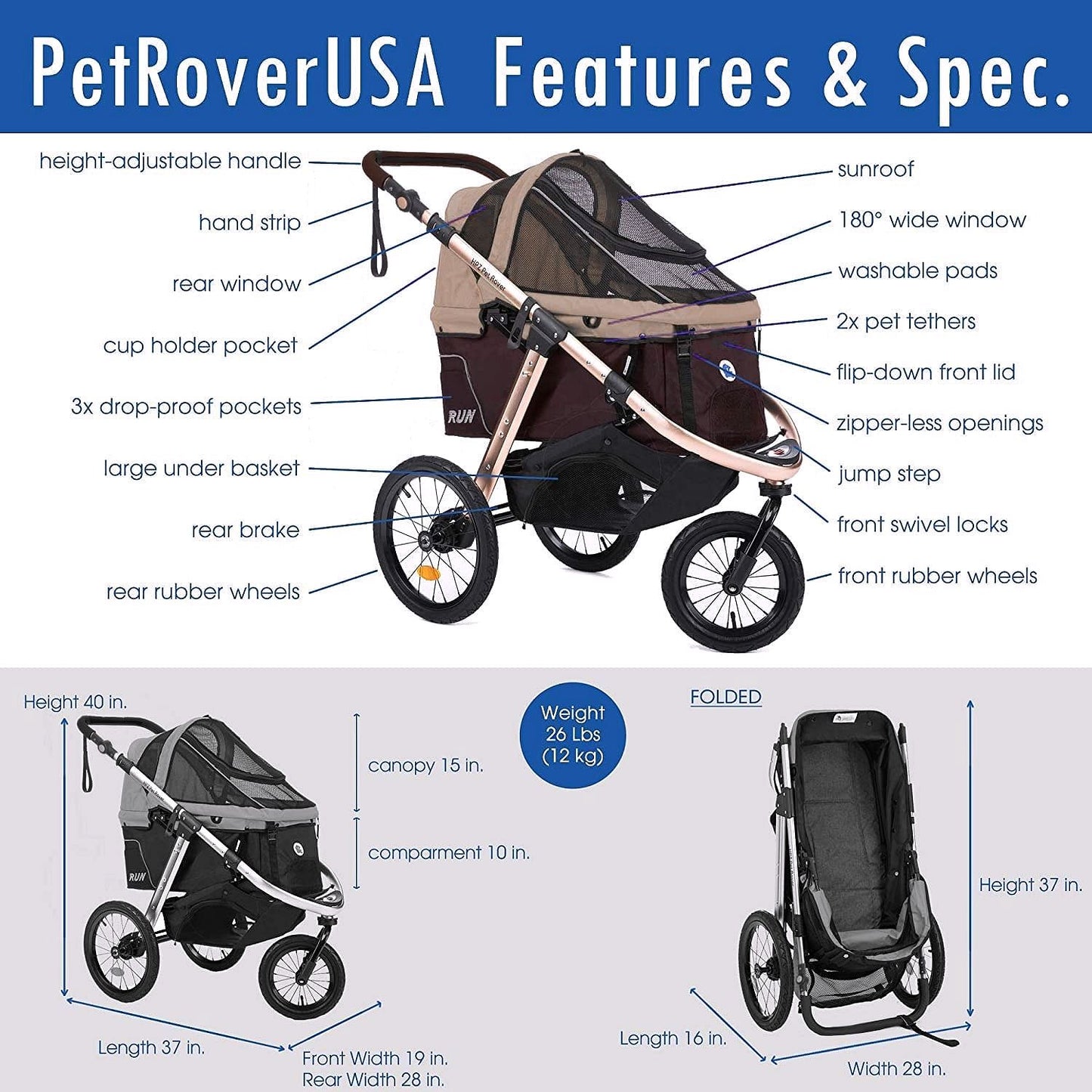 2026 Buggy de jogging sportif pour animaux avec roues en caoutchouc confort