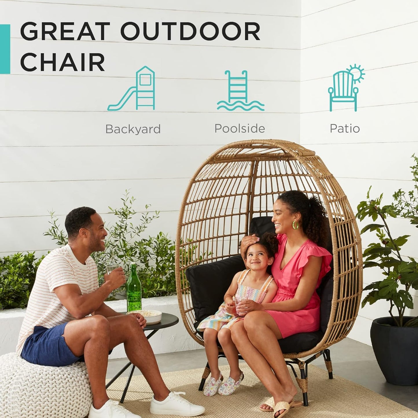 2026 Best Choice Products Korbsessel „Eierstuhl“, übergroße Liege für drinnen und draußen für Terrasse, Garten, Wohnzimmer mit 4 Kissen, Stahlrahmen, 200 kg Tragkraft, Elfenbein