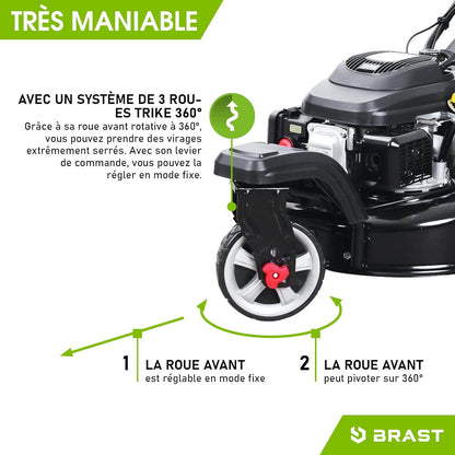 2026 BRAST tondeuse thermique 3 roues TRIKE E-START 224cc 53cm tractée démarrage électrique mulching 4en1 capot en tôle en acier 60l - moteur 4 temps de la marque française GT reglable