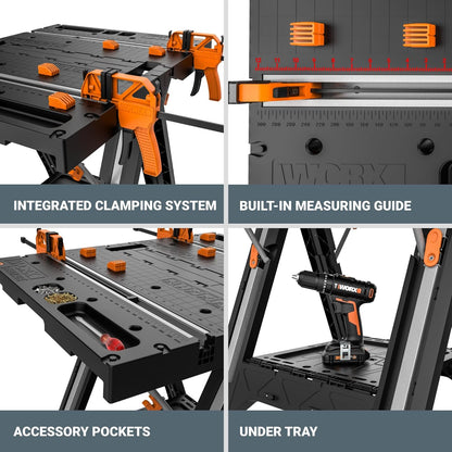 2026 2025 Table de Travail et Chevalet Pliant 2-en-1 Worx Pegasus, Banc de Travail Portable Facile à Installer, 31" L x 25" P x 32" H, Léger avec Haute Capacité de Charge, WX051 - Inclut 2 Serres et 4 Brides